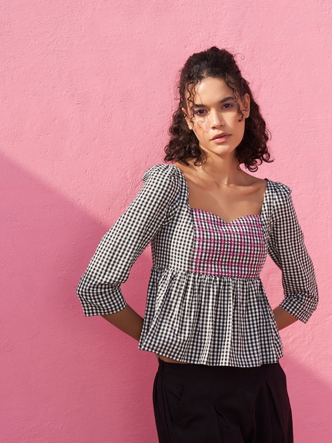 Peplum Top in Gingham Checks with Sweetheart Neckline