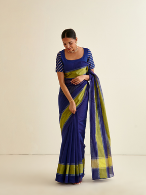 Banarasi Woven sari with contrasting green border- Dark indigo