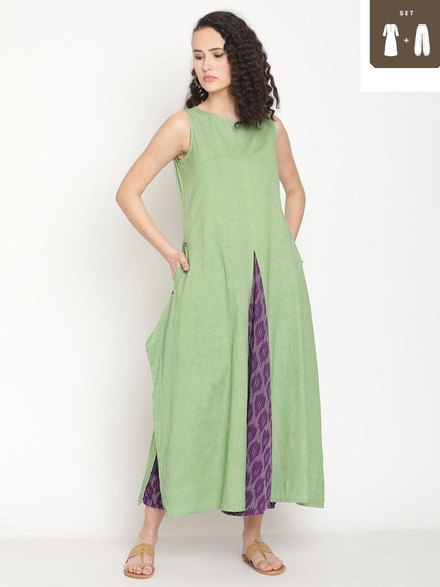 Fern Green Kurta With Circular Ikat Panel And Pants