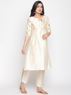 Cloud-Cream Front Buttoned Jacket with Banarasi Kurta