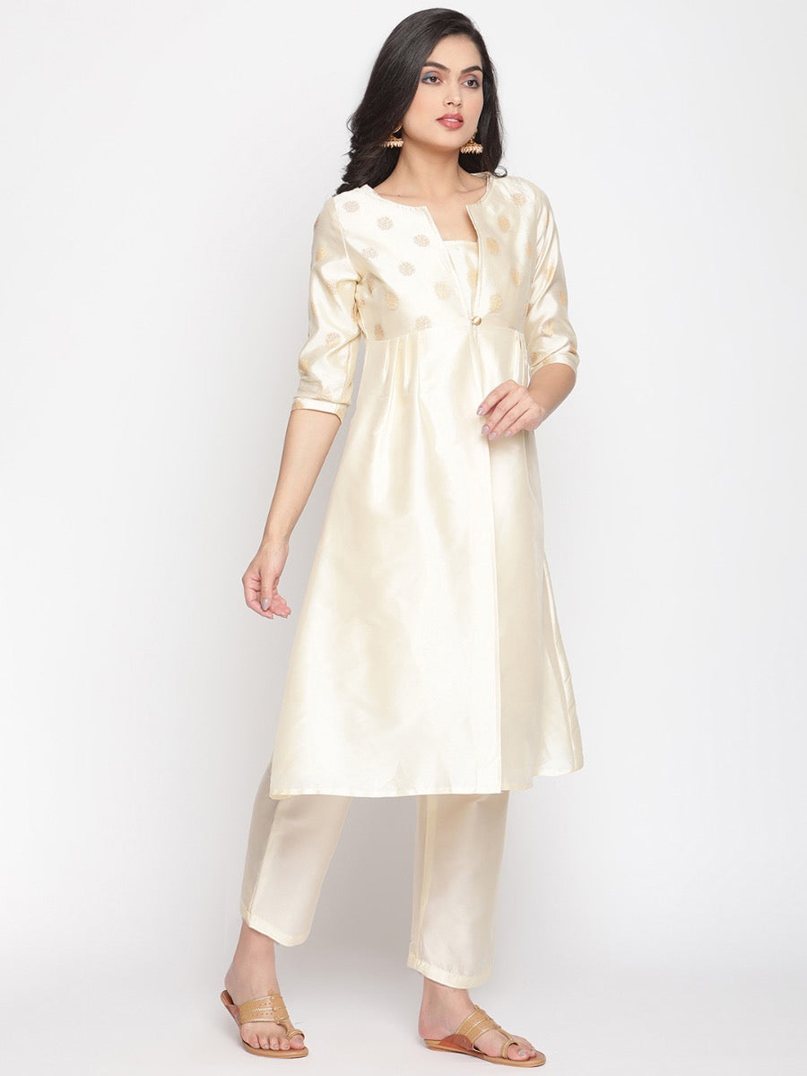Cloud-Cream Front Buttoned Jacket with Banarasi Kurta