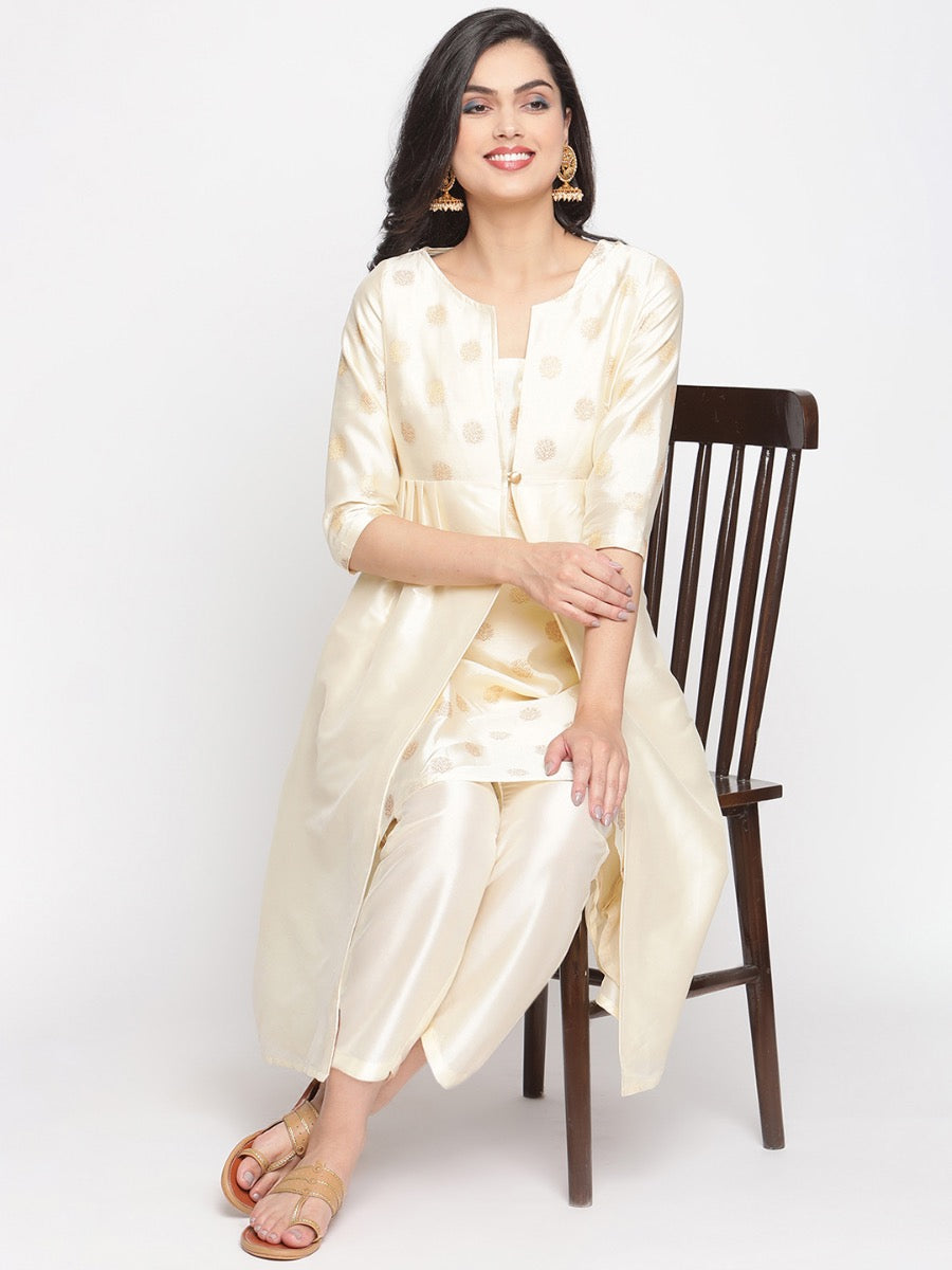 Cloud-Cream Front Buttoned Jacket with Banarasi Kurta