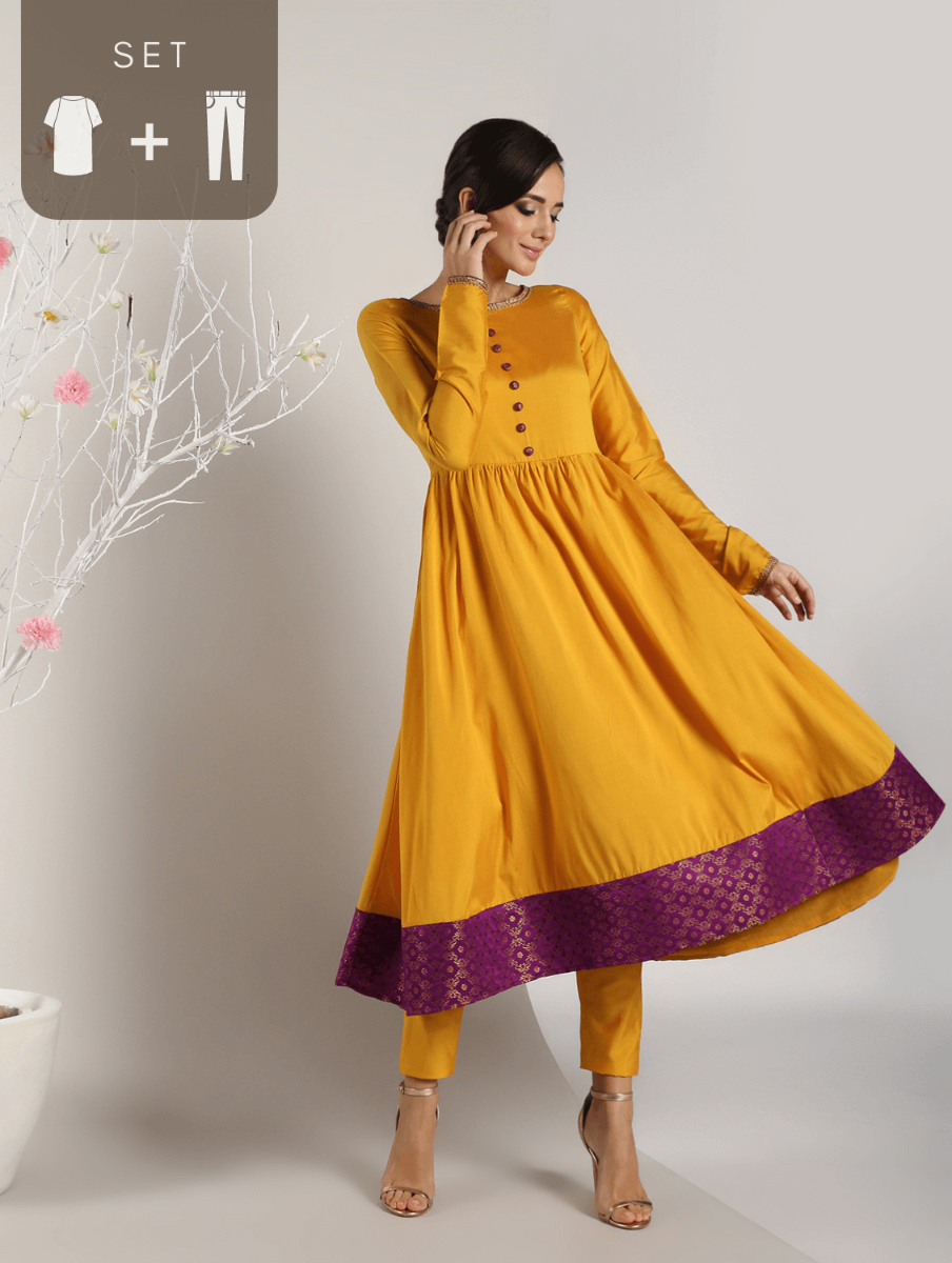 Abhishti Cotton Silk Anarkali Kurta with Tanchoi Border and button details with Bottom