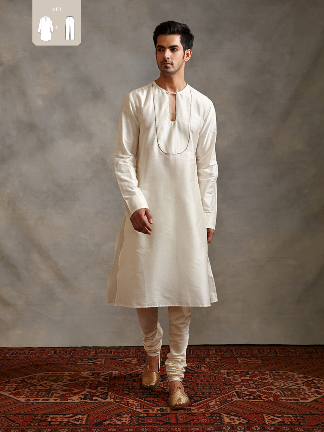 Banarasi Keyhole neck kurta with straight pants-ivory