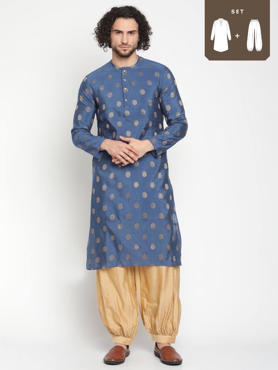 Men Blue Banarasi Kurta With Pathani Pants