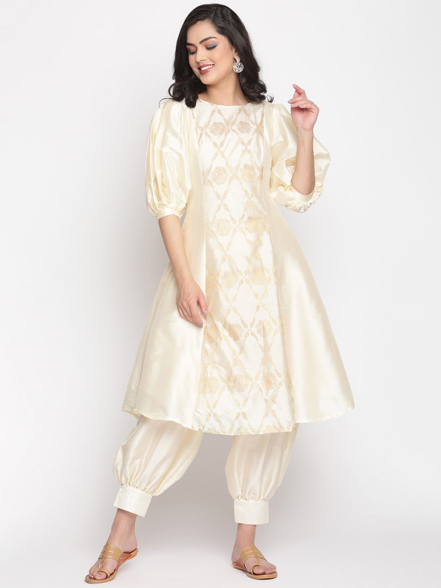 Cloud-Cream Boat Neckline Banarasi Kurta