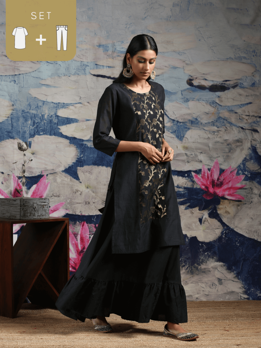 Cotton baswada kurta with center zari baswada panel & side tassel tie-up, along with tiered skirt Black