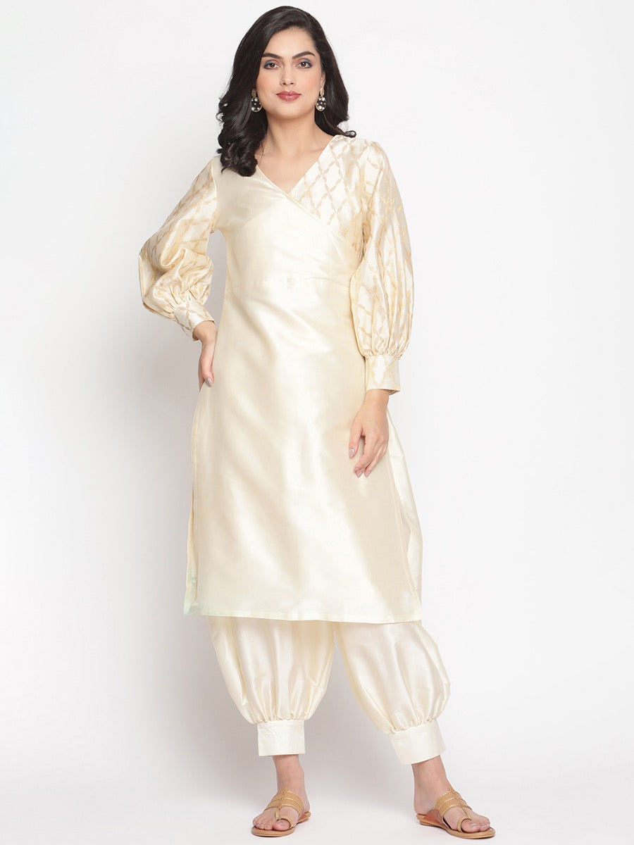 Cloud-Cream Overlapped Neckline Banarasi Kurta