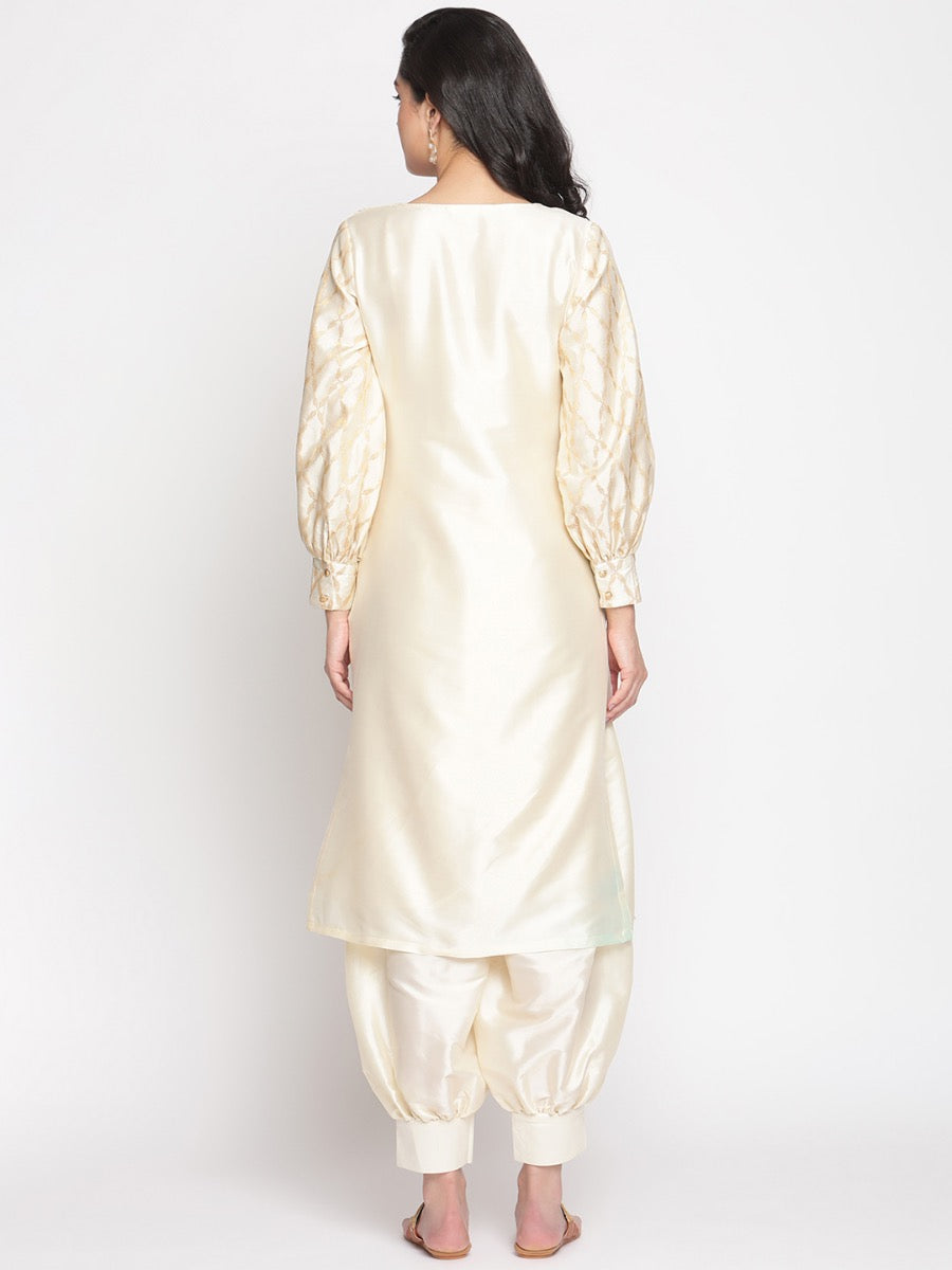 Cloud-Cream Overlapped Neckline Banarasi Kurta