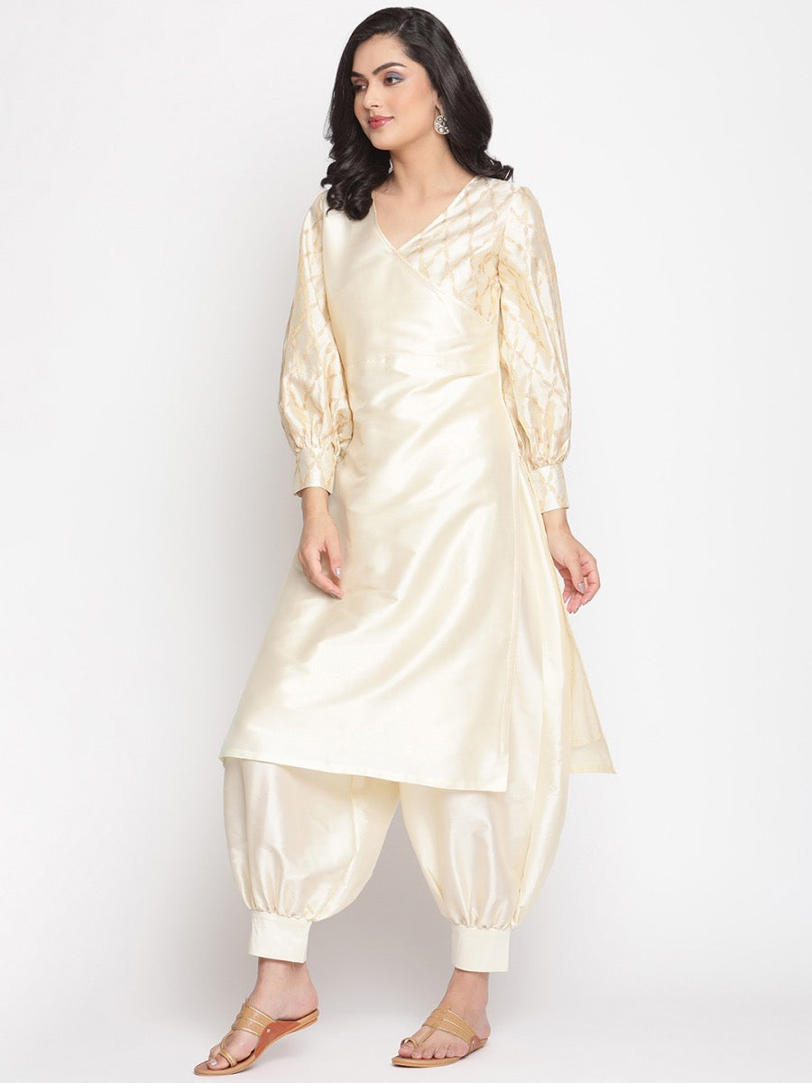 Cloud-Cream Overlapped Neckline Banarasi Kurta