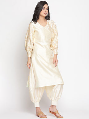 Cloud-Cream Overlapped Neckline Banarasi Kurta