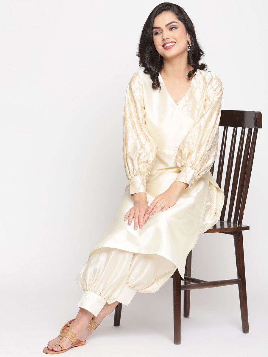 Cloud-Cream Overlapped Neckline Banarasi Kurta