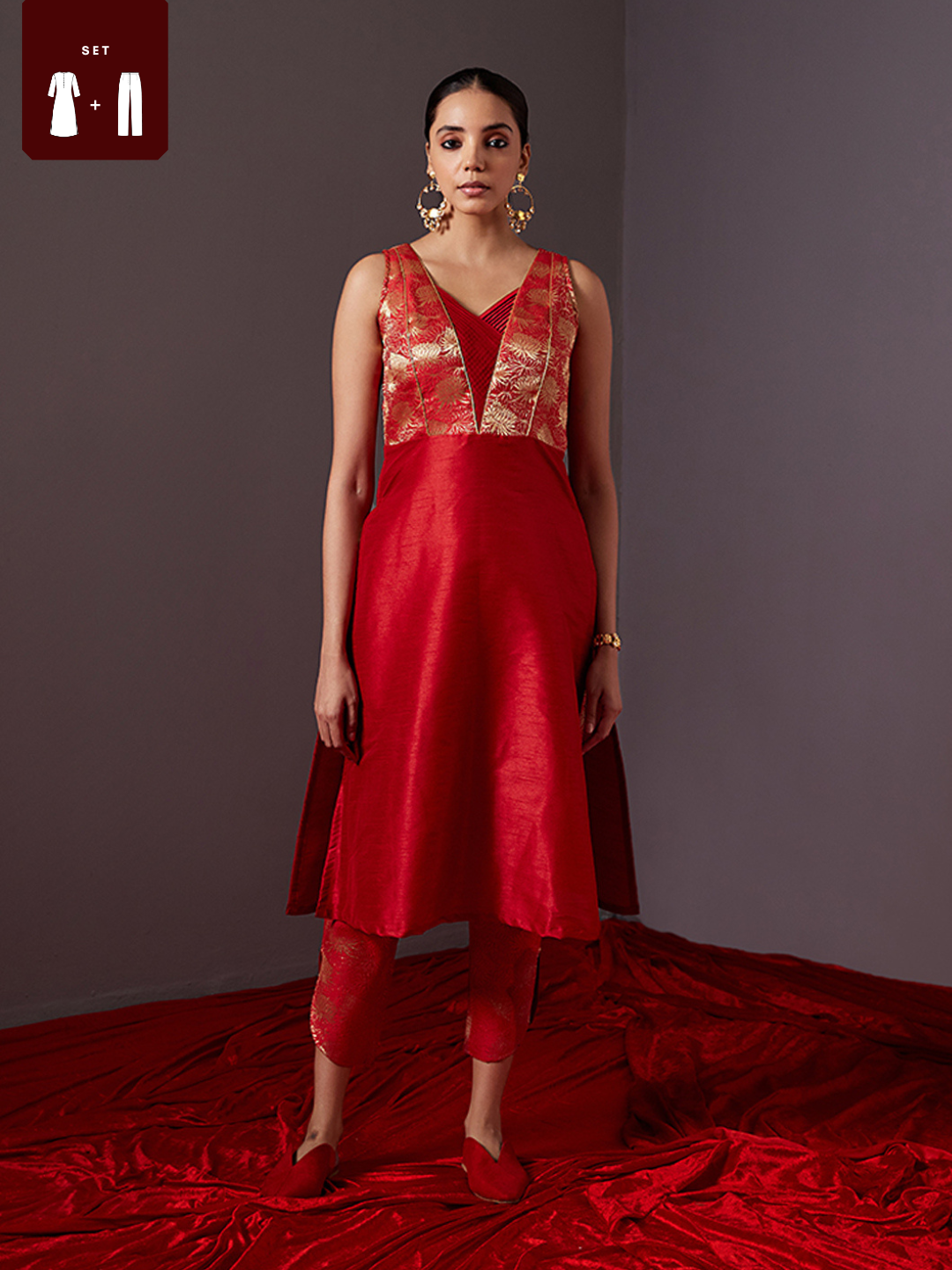 Banarasi zari pin tucked V neck kurta with Curved Hem Pants