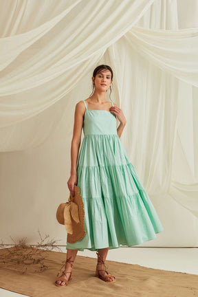 Strappy tiered cotton poplin maxi dress-Mint Green