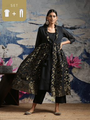 Cotton zari baswada jacket with Cotton silk slip and straight pants Black