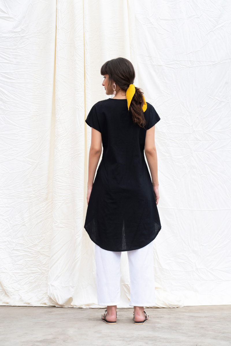 Midnight-Black Mangalgiri Cotton High-Low Tunic