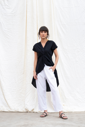 Midnight-Black Mangalgiri Cotton High-Low Tunic