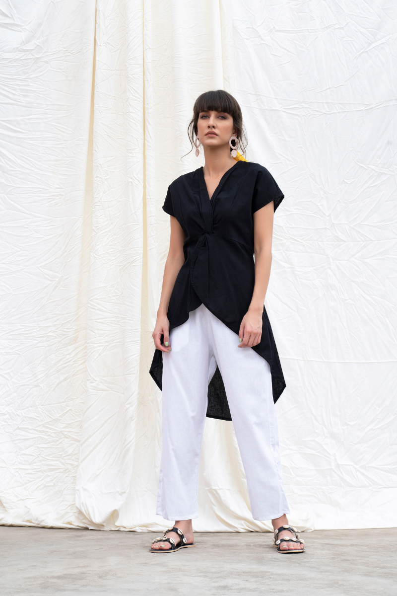 Midnight-Black Mangalgiri Cotton High-Low Tunic