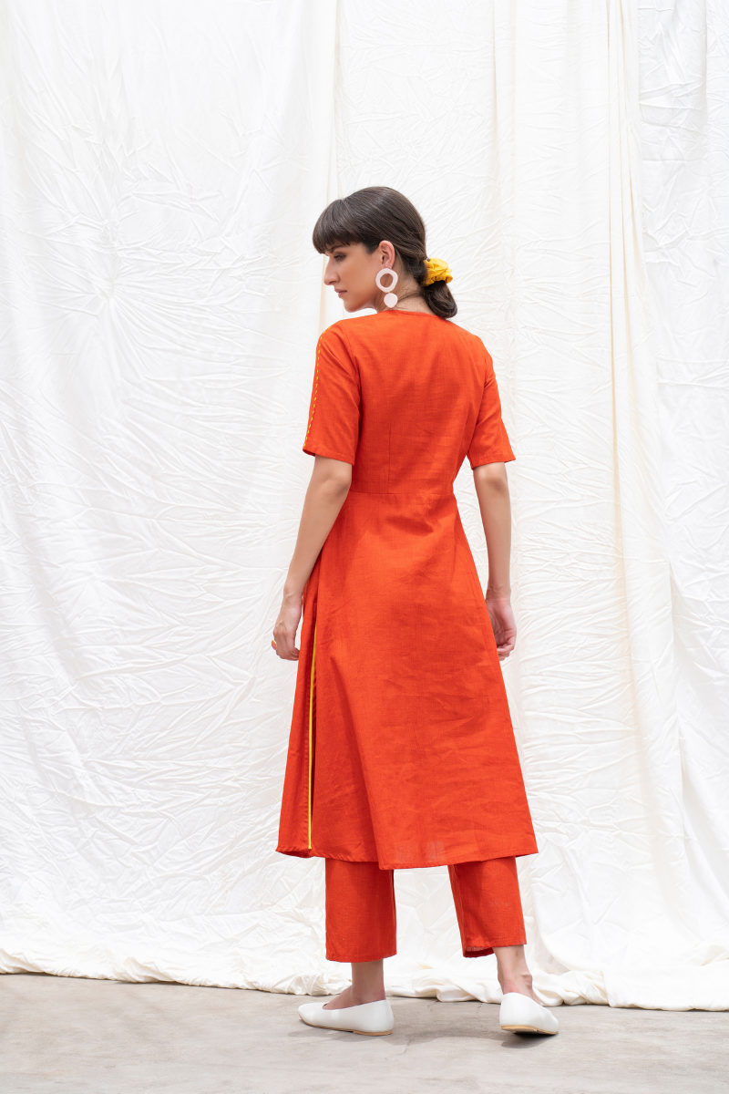 Orange-Rust Mangalgiri Cotton U-Waistline Kurta