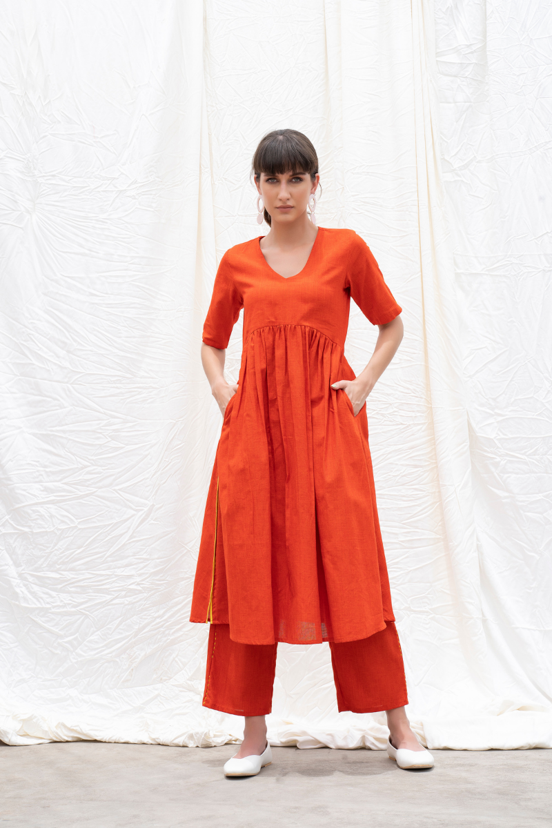Orange-Rust Mangalgiri Cotton U-Waistline Kurta