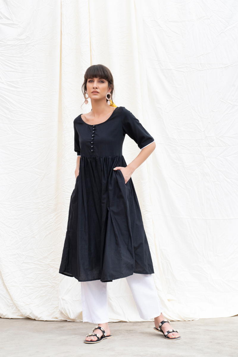 Midnight-Black Mangalgiri Cotton Button Down Kurta