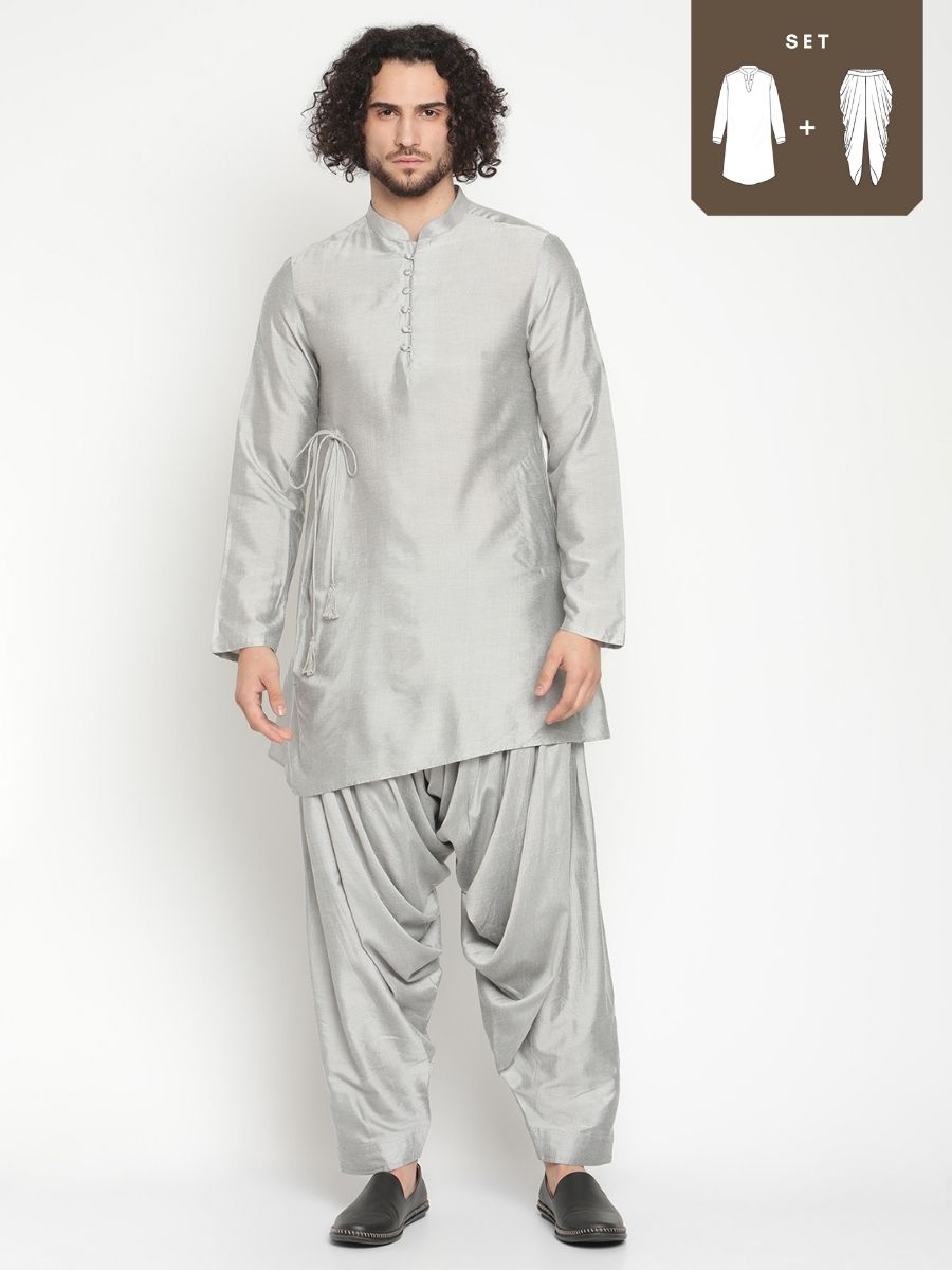 Men Grey Short Banarasi Kurta With Afghani Pants