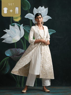 Cotton zari baswada jacket with Cotton silk slip and straight pants White