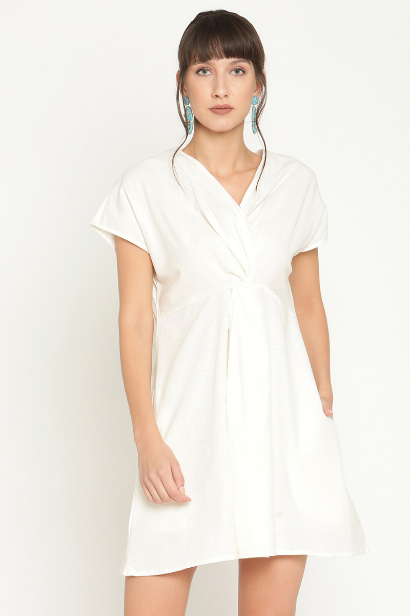Front knot mini dress-Marshmallow White