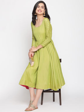 Macaw-Green Scoop Neck Banarasi Dress