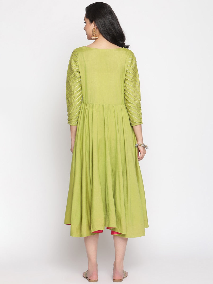 Macaw-Green Scoop Neck Banarasi Dress