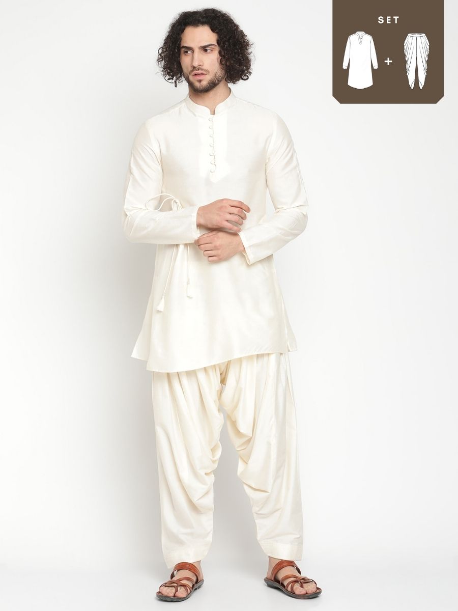 Men Ivory Short Banarasi Kurta With Afghani Pants