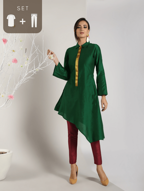 Abhishti Cotton Silk asymmetric Kurta with Mangalgiri Border with Bottom