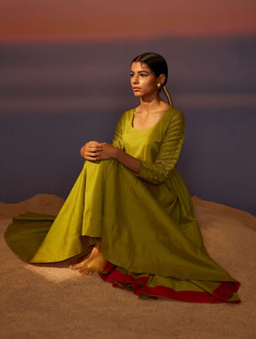 Macaw-Green Scoop Neck Banarasi Dress
