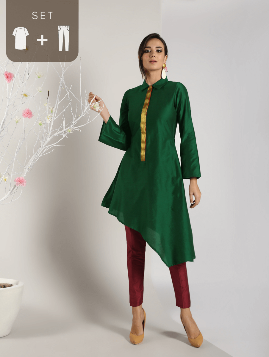 Abhishti Cotton Silk asymmetric Kurta with Mangalgiri Border with Bottom