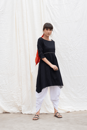 Midnight Black Mangalgiri Flared Kurta With Dhoti Pants