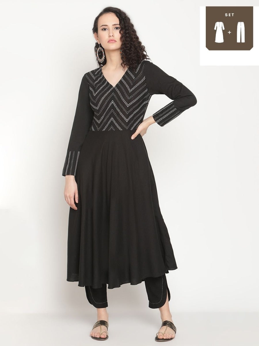 Midnight Black Flared kurta with U-hemline pants