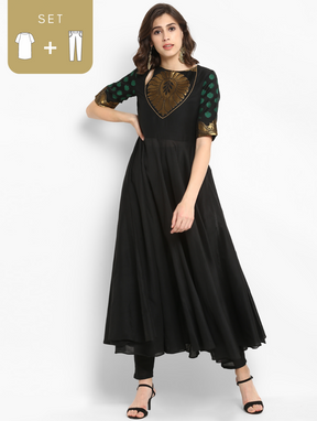 Black Awadh Neck Flared Kurta With Straight Pants