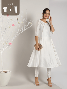 White Banarasi kalidar Kurta with Straight Pants