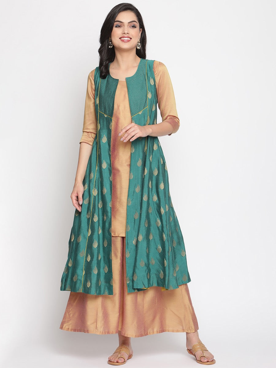 Coral-Green Sleeveless Jacket and Banarasi Kurta
