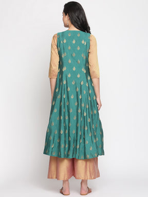 Coral-Green Sleeveless Jacket and Banarasi Kurta