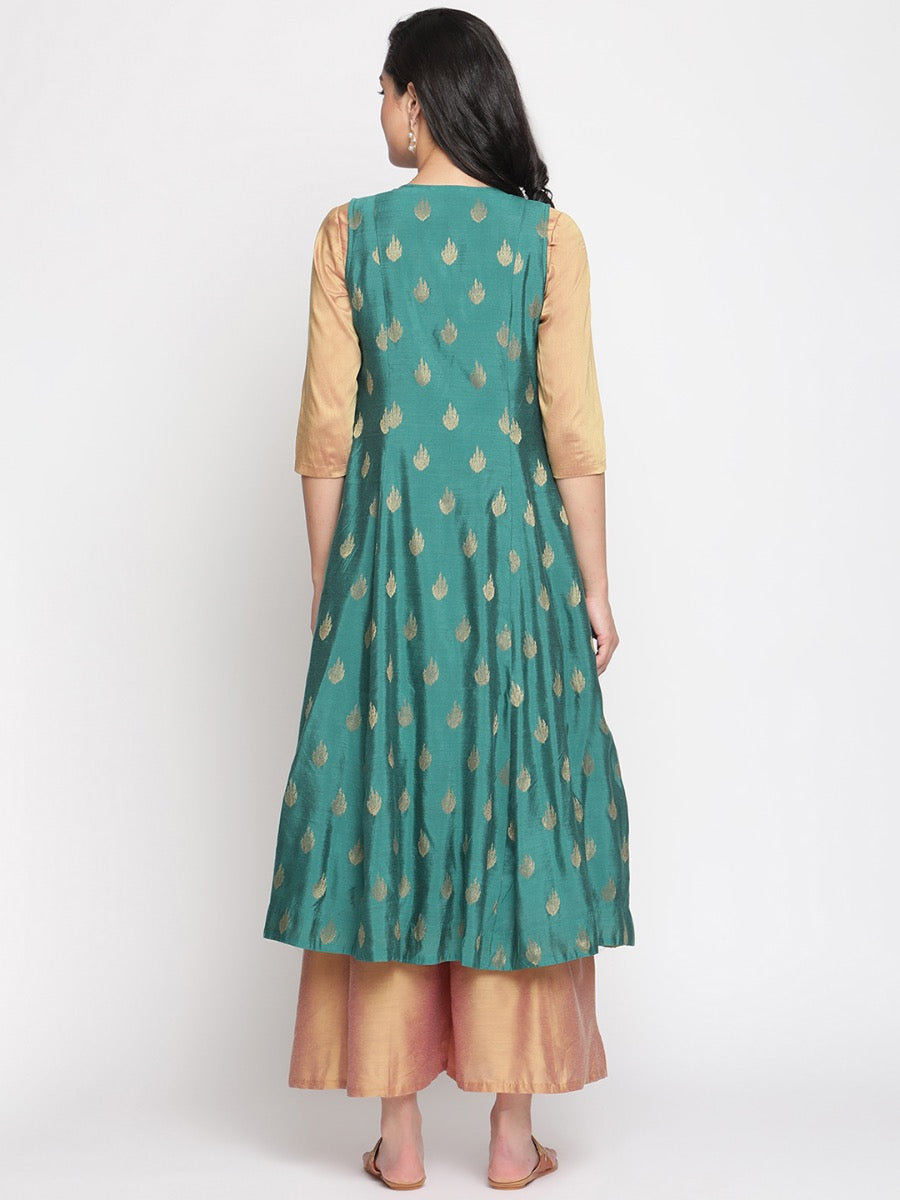 Coral-Green Sleeveless Jacket and Banarasi Kurta