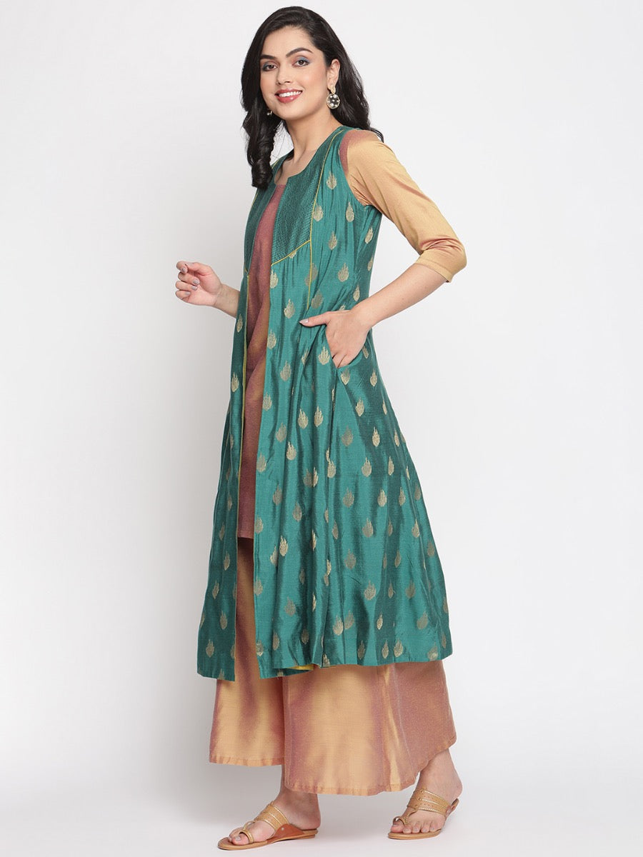 Coral-Green Sleeveless Jacket and Banarasi Kurta