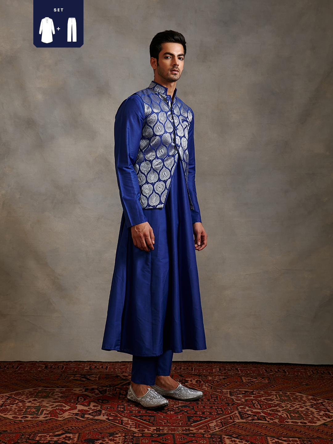 Banarasi zari jacket with paneled anarkali kurta Set - imperial blue