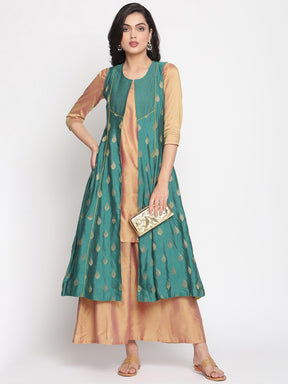 Coral-Green Sleeveless Jacket and Banarasi Kurta