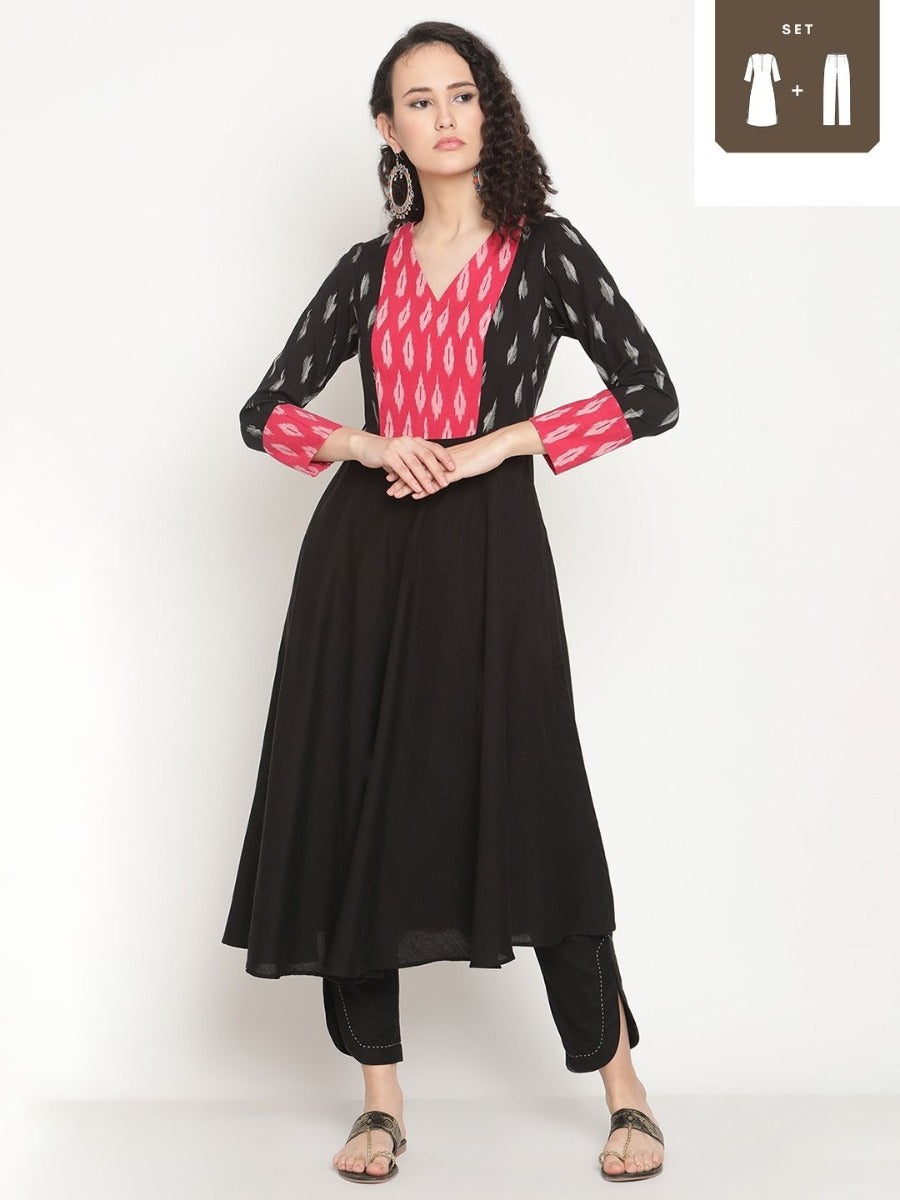 Midnight black Flared Ikat kurta with U-hemline pants