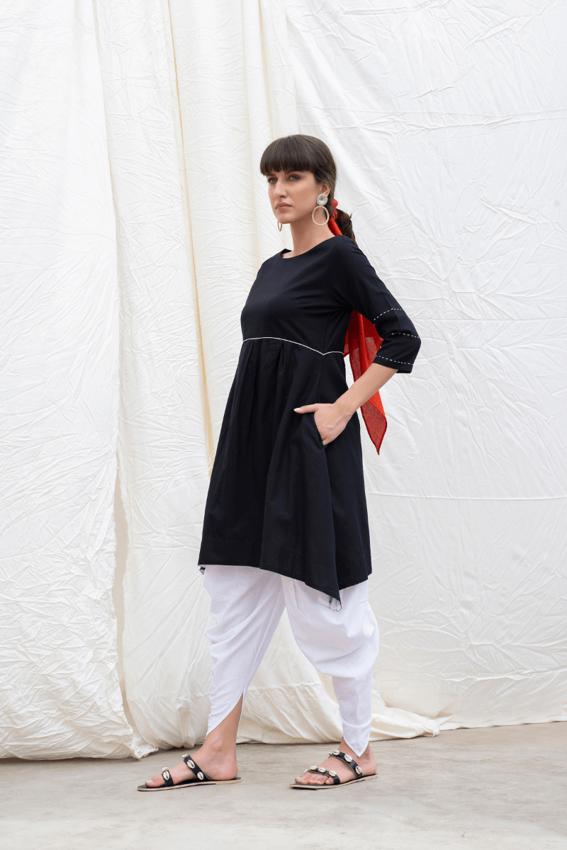 Midnight Black Mangalgiri Flared Kurta With Dhoti Pants