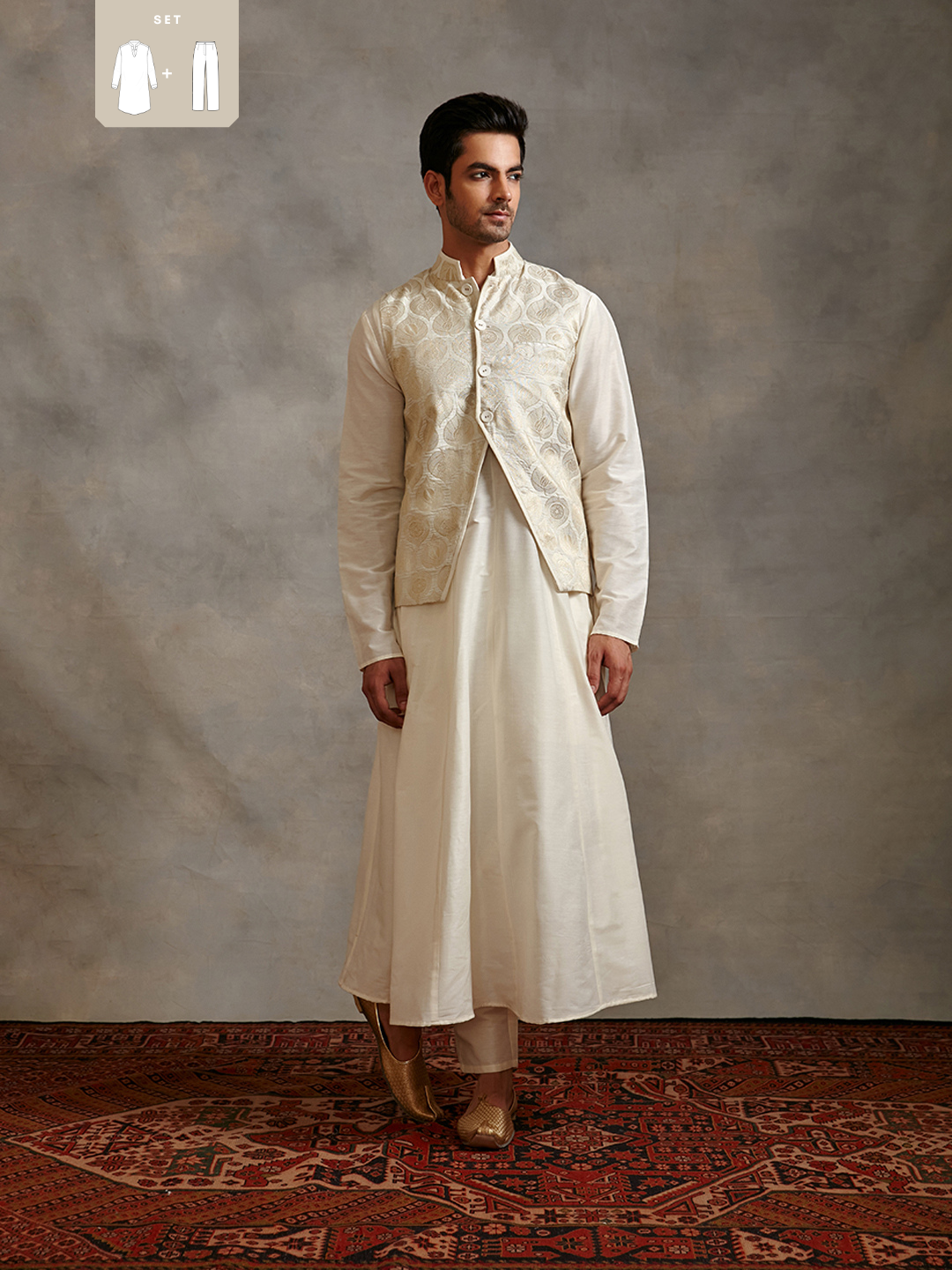 Banarasi zari jacket with paneled anarkali kurta & pants-ivory