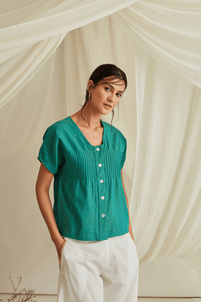 Pintucked button down top with pleated pants-Persian Green+Marshmallow White