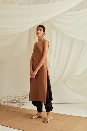 Strappy cowl neck kurta-Russet Brown