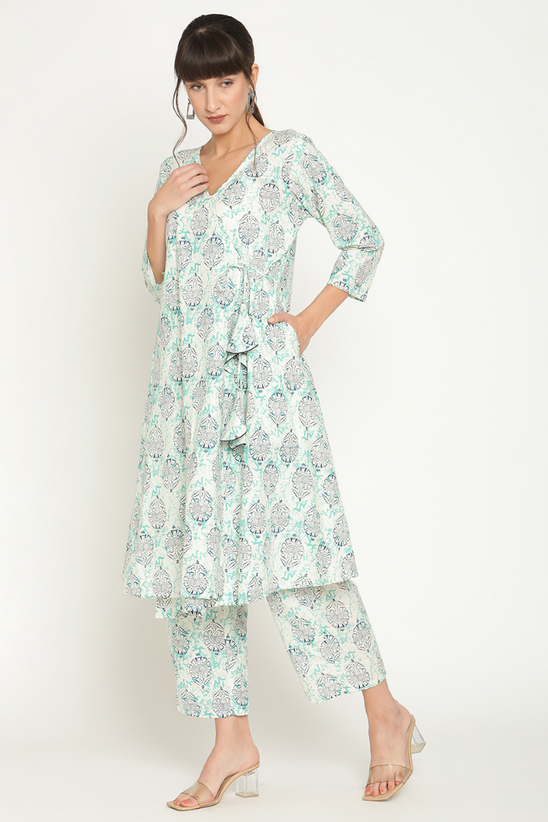 Abhishti printed angrakha kurta with straight pants in Indigo Color